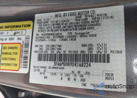 2013 Ford Fusion Se from USA, damaged, VIN 3FA6P0HR9DR168224